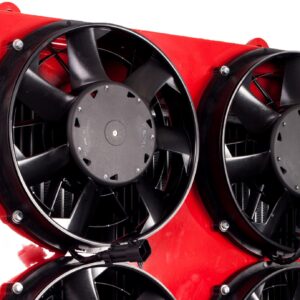 Close up of black fans on Grayson Thermal System's red Electric Fan Cooling System
