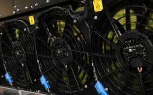 Close up of Grayson Thermal System's Vehicle Thermal Management System's fans in black