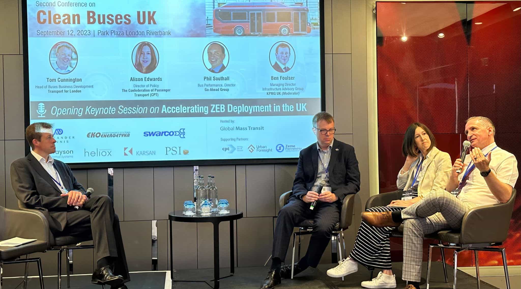From left: KPMG's Ben Foulser, TfL's Tom Cunnington, Confederation of Passenger Transport (CPT)'s Alison Edwards and Go-Ahead Group's Phil Southall discussing zero-deployment buses